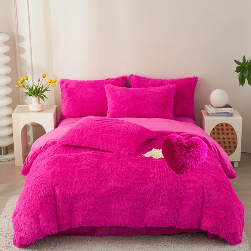MorroMorn 5 PCS Shaggy Duvet Cover Bedding Set - Fluffy Comforter Cover Long Faux Fur Luxury Ultra Soft Cozy (Hot Pink, Full/Queen) - Image 1